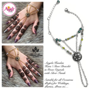Madz Fashionz UK: Hennabyang Kundan Bridal Hand Chain, Bracelet Green Silver Crystals