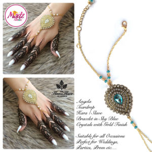 Madz Fashionz UK: Hennabyang Bespoke Kundan Handchain Slave Bracelet Gold and Sky Blue Turquoise Blue