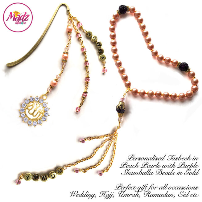 Madz Fashionz UK: Personalised Tasbeeh and Quran Bookmark Pin Set in Peach Pearls