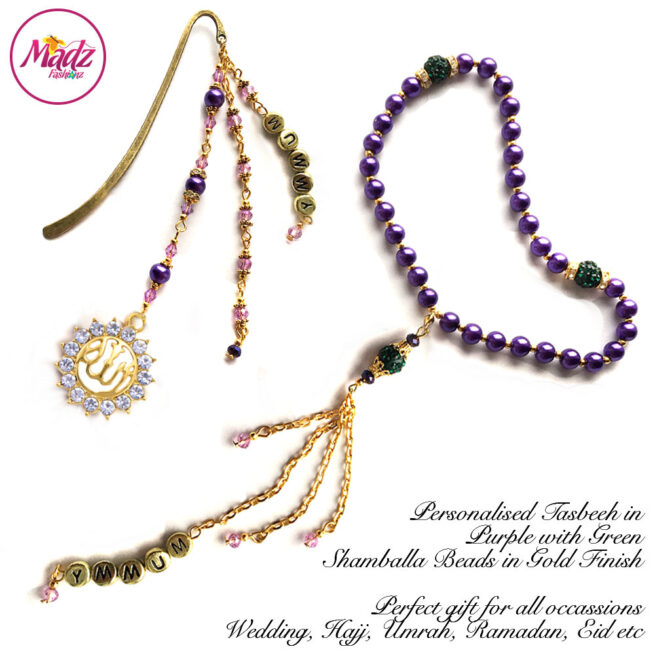 Madz Fashionz UK: Personalised Tasbeeh and Quran Bookmark Pin Set in Purple Pearls