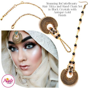 Madz Fashionz UK: ItsCutieBeauty Kundan Tikka Headpiece Handchain Chand Maang Tikka Antique Gold Black Set
