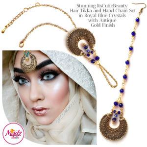 Madz Fashionz UK: ItsCutieBeauty Kundan Tikka Headpiece Handchain Chand Maang Tikka Antique Gold Royal Blue Set