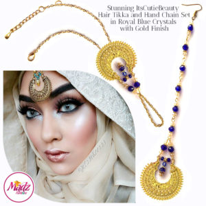 Madz Fashionz UK: ItsCutieBeauty Kundan Tikka Headpiece Handchain Chand Maang Tikka Gold Royal Blue Set