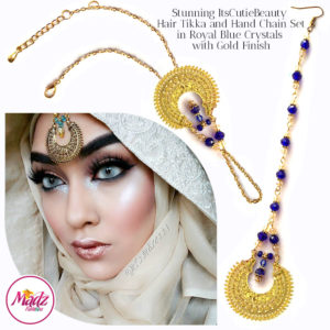 Madz Fashionz UK: ItsCutieBeauty Kundan Tikka Headpiece Handchain Chand Maang Tikka Gold Royal Blue Set