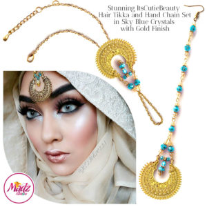 Madz Fashionz UK: ItsCutieBeauty Kundan Tikka Headpiece Handchain Chand Maang Tikka Gold Sky Blue Set