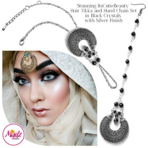Madz Fashionz UK: ItsCutieBeauty Kundan Tikka Headpiece Handchain Chand Maang Tikka Silver Black Set