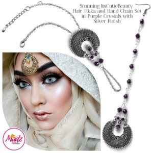 Madz Fashionz UK: ItsCutieBeauty Kundan Tikka Headpiece Handchain Chand Maang Tikka Silver Purple Set