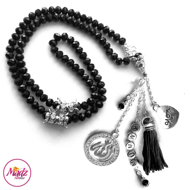 Madz Fashionz UK: 99 Beads Personalised Tasbeeh with Black Crystals in Silver Finish