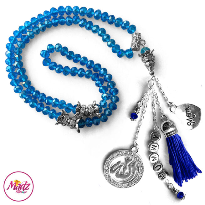 Madz Fashionz UK: 99 Beads Personalised Tasbeeh with Sky Blue Crystals in Silver Finish