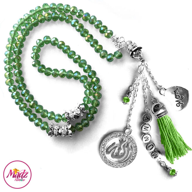 Madz Fashionz UK: 99 Beads Personalised Tasbeeh with Apple Green Crystals in Silver Finish