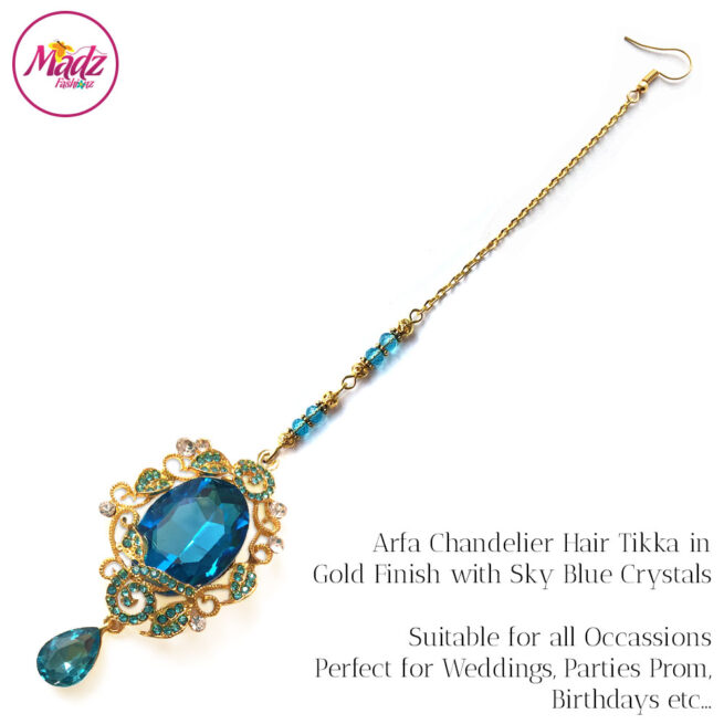 Madz Fashionz UK: Arfa Gold Sky Blue Chandelier Maang Tikka Headpiece Hair Tikka