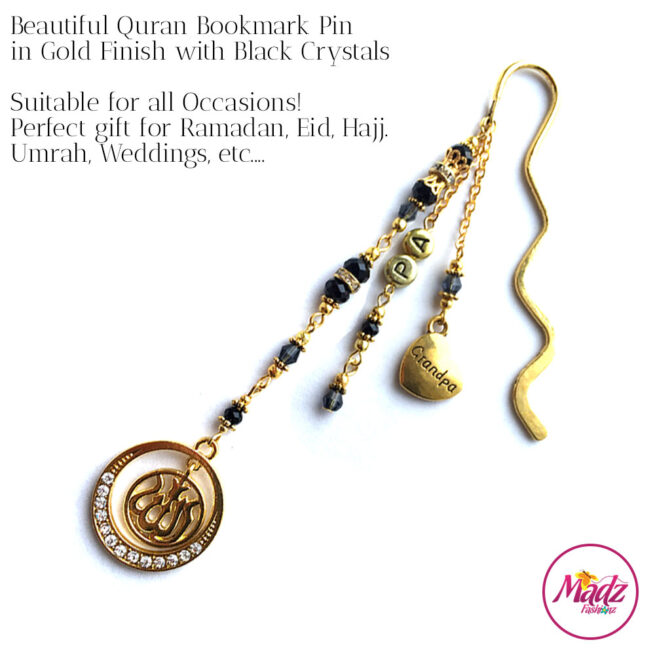Madz Fashionz UK: Personalised Quran Bookmarks Pins Gifts in Black Crystals with Gold Finish