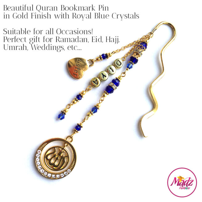 Madz Fashionz UK: Personalised Quran Bookmarks Pins Gifts in Royal Blue Crystals with Gold Finish