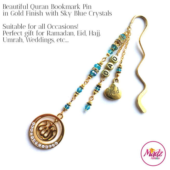 Madz Fashionz UK: Personalised Quran Bookmarks Pins Gifts in Sky Blue Crystals with Gold Finish