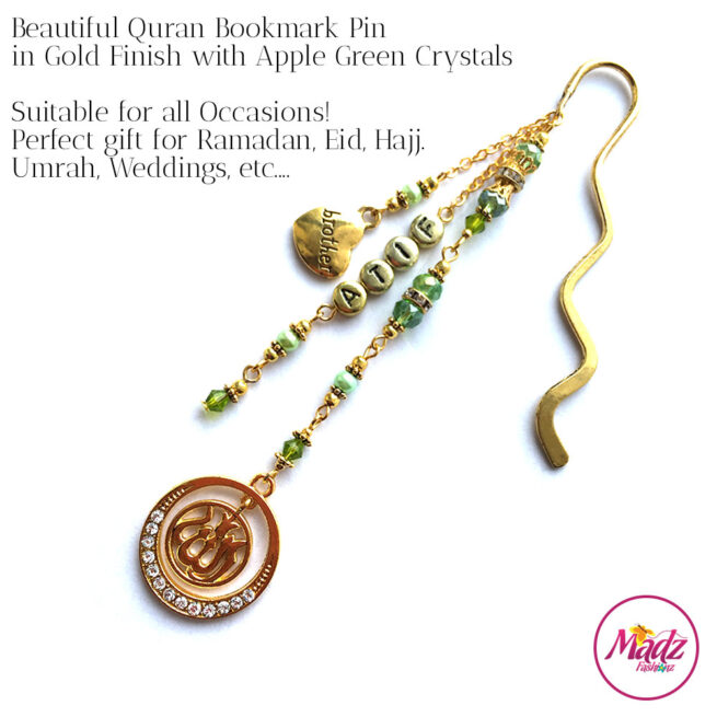 Madz Fashionz UK: Personalised Quran Bookmarks Pins Gifts in Apple Green Crystals with Gold Finish