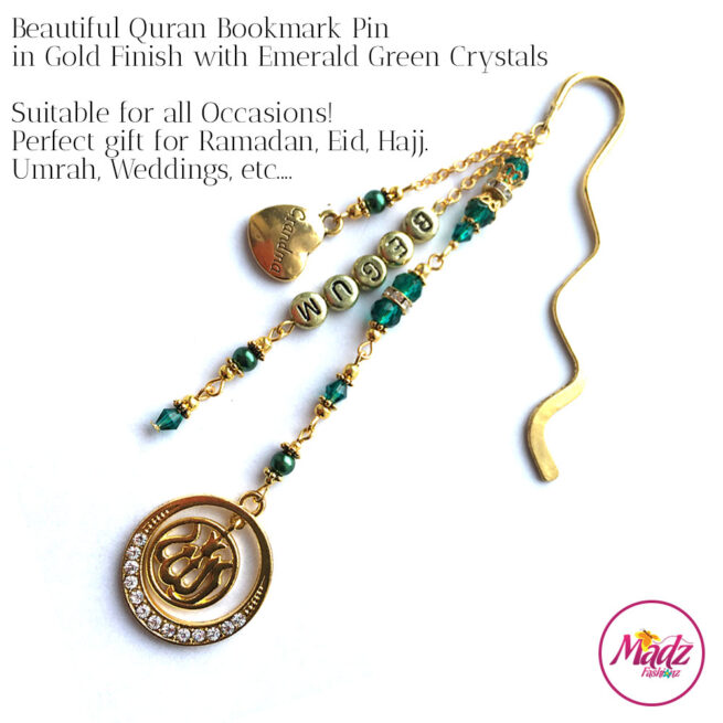 Madz Fashionz UK: Personalised Quran Bookmarks Pins Gifts in Emerald Green Crystals with Gold Finish