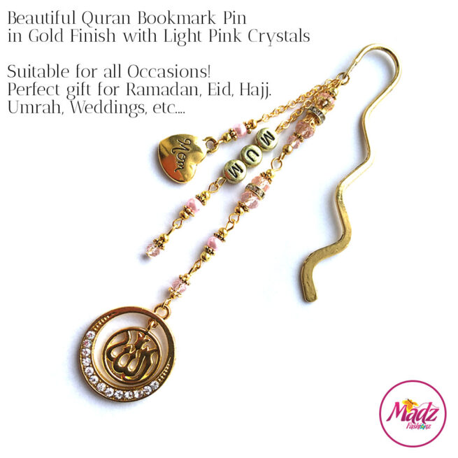 Madz Fashionz UK: Personalised Quran Bookmarks Pins Gifts in Light Pink Crystals with Gold Finish