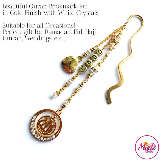 Madz Fashionz UK: Personalised Quran Bookmarks Pins Gifts in White Crystals with Gold Finish
