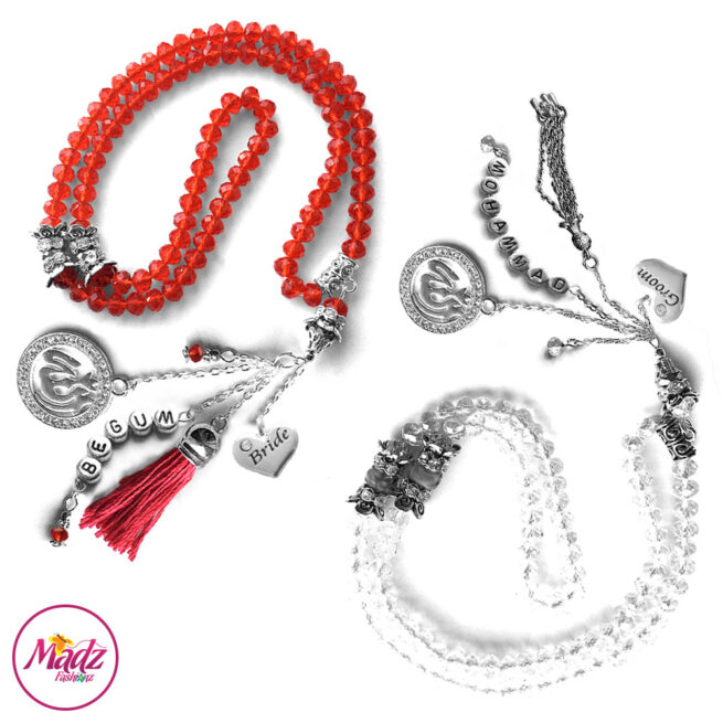 Madz Fashionz UK: Bride and Groom 99 Beads Personalised Tasbeeh Set with White Red Crystals in Silver Finish