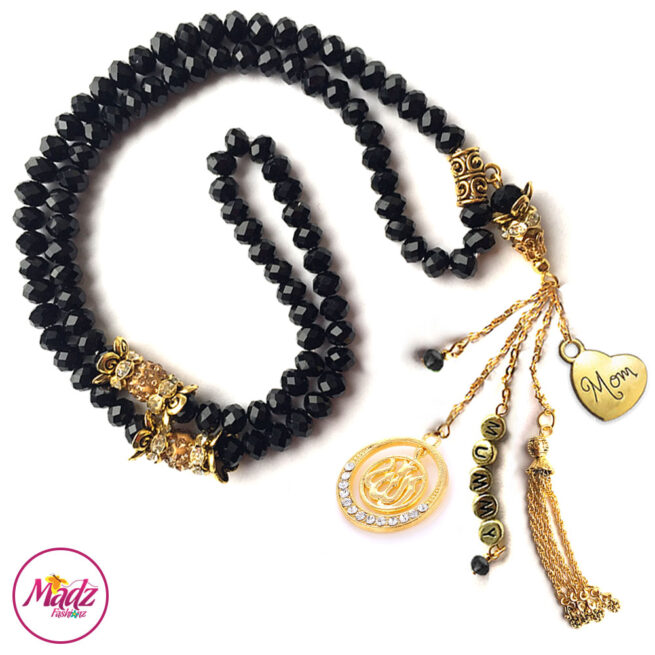 Madz Fashionz UK: 99 Beads Personalised Tasbeeh with Black Crystals in Gold Finish