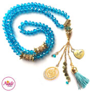 Madz Fashionz UK: 99 Beads Personalised Tasbeeh with Sky Blue Crystals in Gold Finish