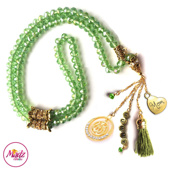Madz Fashionz UK: 99 Beads Personalised Tasbeeh with Apple Green Crystals in Gold Finish
