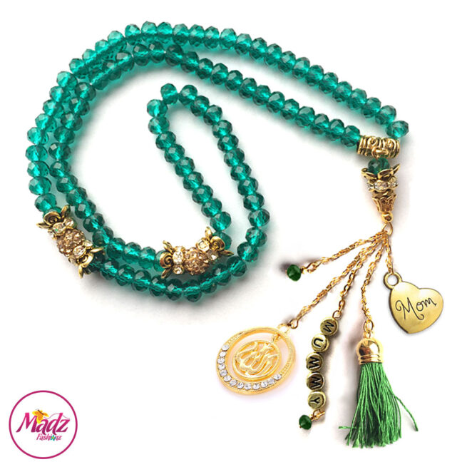 Madz Fashionz UK: 99 Beads Personalised Tasbeeh with Dark Green Crystals in Gold Finish