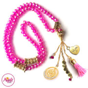 Madz Fashionz UK: 99 Beads Personalised Tasbeeh with Hot Pink Shocking Crystals in Gold Finish