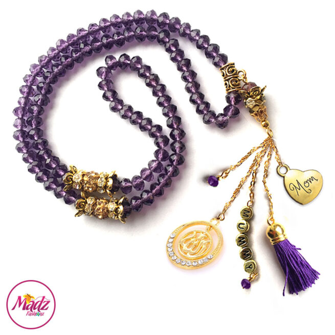Madz Fashionz UK: 99 Beads Personalised Tasbeeh with Purple Crystals in Gold Finish