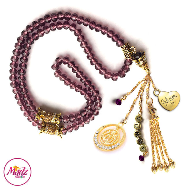 Madz Fashionz UK: 99 Beads Personalised Tasbeeh with Coffee Red Crystals in Gold Finish