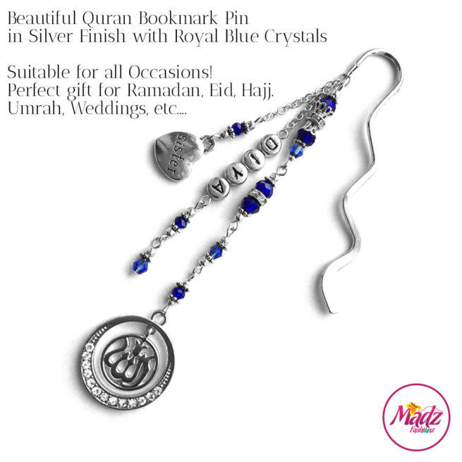 Madz Fashionz UK: Personalised Quran Bookmarks Pins Gifts in Royal Blue Crystals with Silver Finish