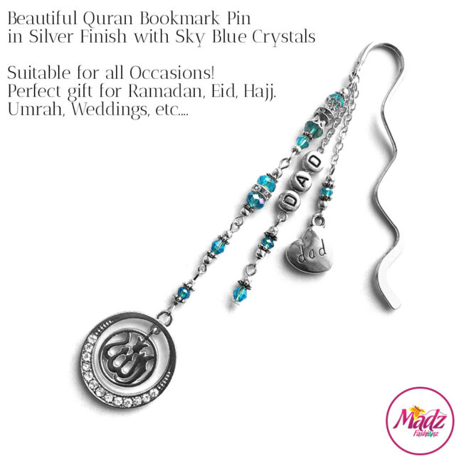 Madz Fashionz UK: Personalised Quran Bookmarks Pins Gifts in Sky Blue Crystals with Silver Finish