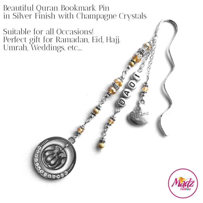 Madz Fashionz UK: Personalised Quran Bookmarks Pins Gifts in Champagne Crystals with Silver Finish