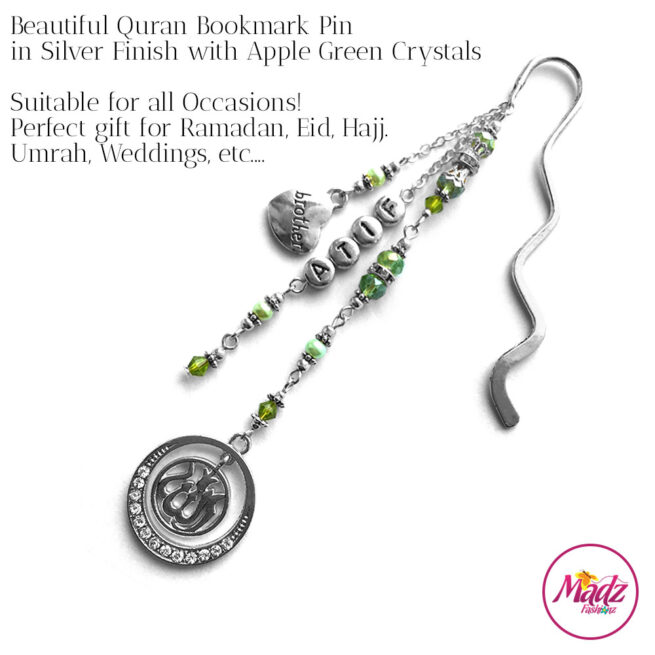 Madz Fashionz UK: Personalised Quran Bookmarks Pins Gifts in Apple Green Crystals with Silver Finish