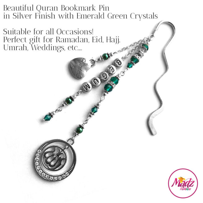 Madz Fashionz UK: Personalised Quran Bookmarks Pins Gifts in Emerald Green Crystals with Silver Finish