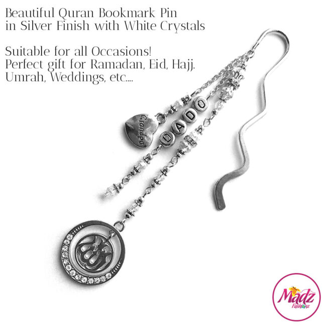 Madz Fashionz UK: Personalised Quran Bookmarks Pins Gifts in White Crystals with Silver Finish