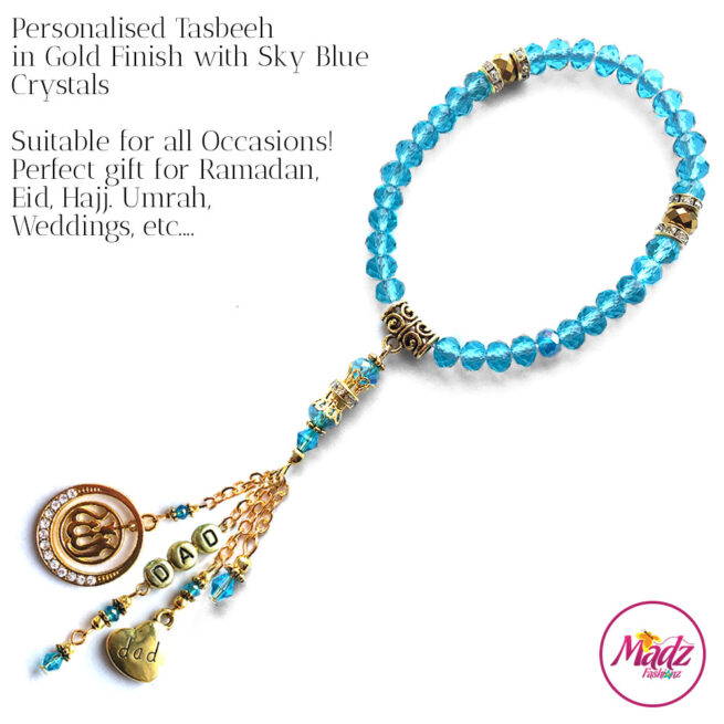 Madz Fashionz UK: 33 Beads Personalised Tasbeeh with Sky Blue Crystals in Gold Finish