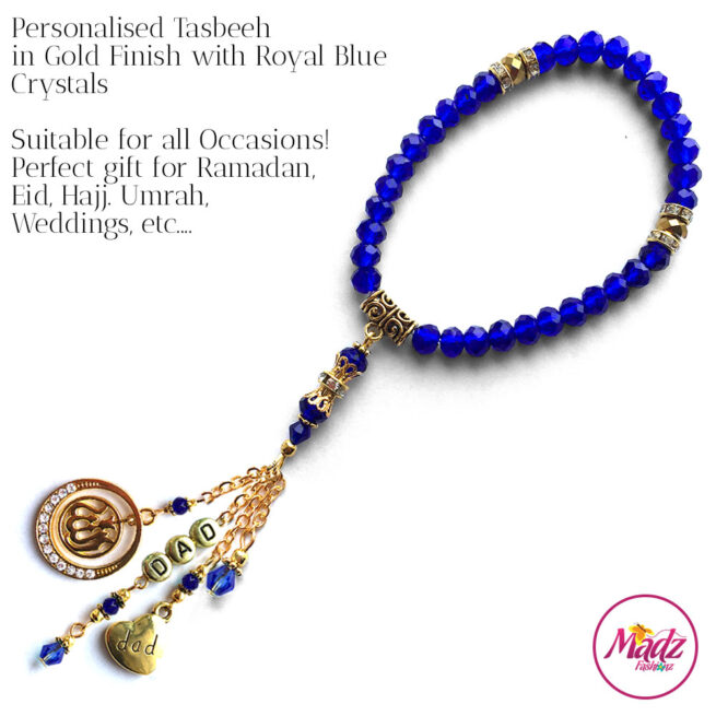 Madz Fashionz UK: 33 Beads Personalised Tasbeeh with Royal Blue Crystals in Gold Finish