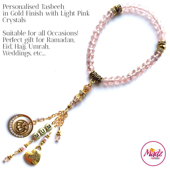 Madz Fashionz UK: 33 Beads Personalised Tasbeeh with Light Pink Crystals in Gold Finish