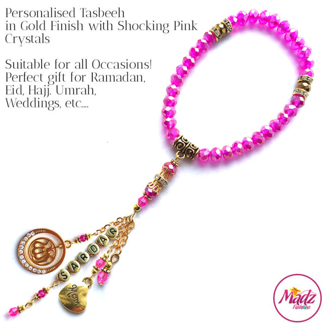Madz Fashionz UK: 33 Beads Personalised Tasbeeh with Shocking Pink Crystals in Gold Finish