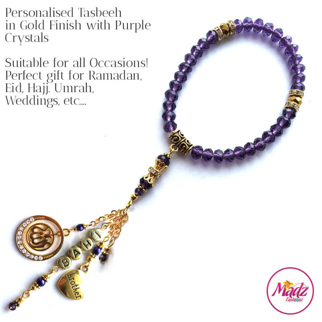 Madz Fashionz UK: 33 Beads Personalised Tasbeeh with Purple Crystals in Gold Finish