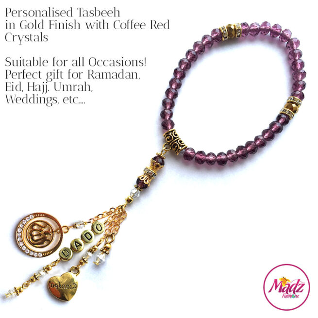 Madz Fashionz UK: 33 Beads Personalised Tasbeeh with Coffee Red Crystals in Gold Finish