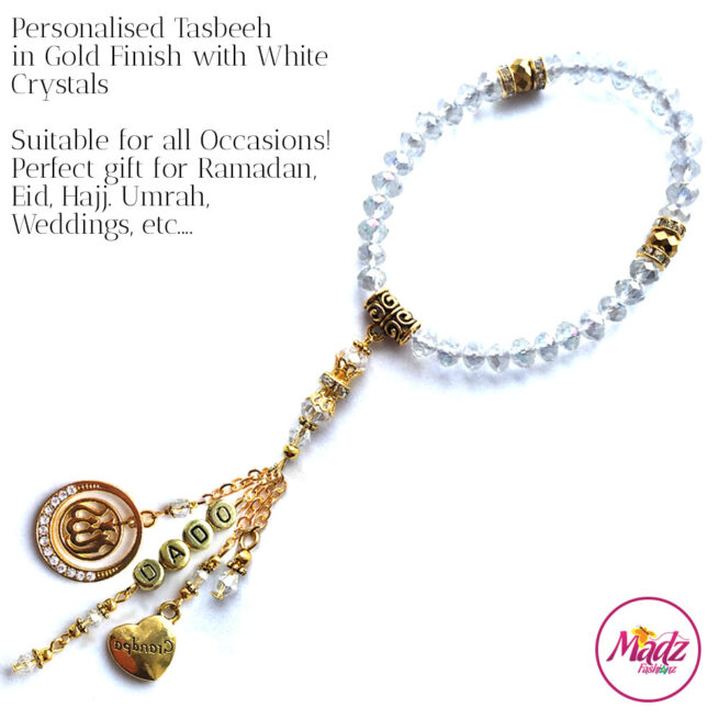 Madz Fashionz UK: 33 Beads Personalised Tasbeeh with White Crystals in Gold Finish