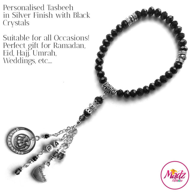 Madz Fashionz UK: 33 Beads Personalised Tasbeeh with Black Crystals in Silver Finish
