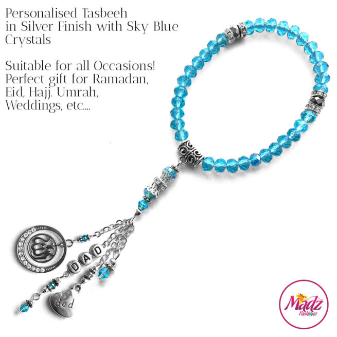 Madz Fashionz UK: 33 Beads Personalised Tasbeeh with Sky Blue Crystals in Silver Finish