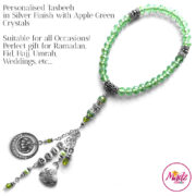 Madz Fashionz UK: 33 Beads Personalised Tasbeeh with Apple Green Crystals in Silver Finish
