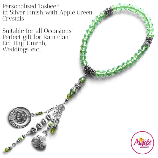 Madz Fashionz UK: 33 Beads Personalised Tasbeeh with Apple Green Crystals in Silver Finish