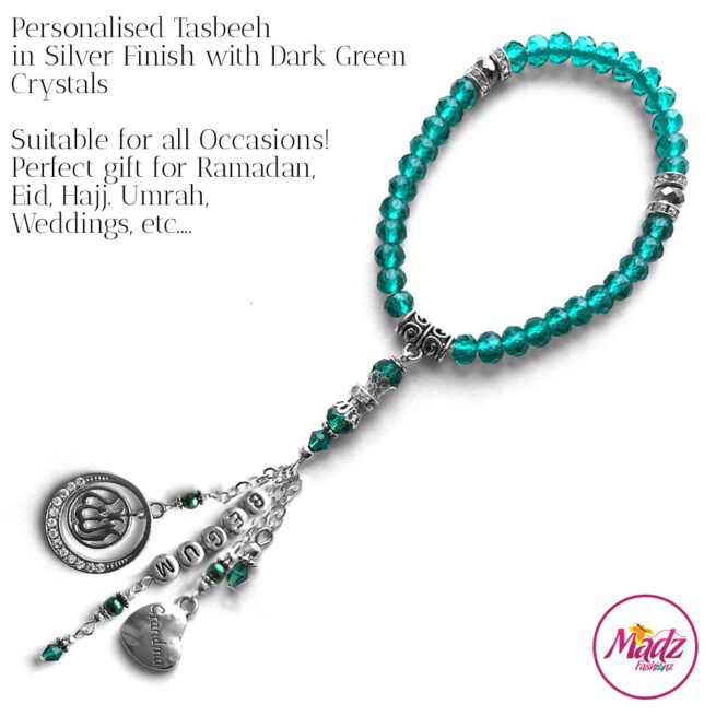 Madz Fashionz UK: 33 Beads Personalised Tasbeeh with Dark Green in Silver Finish