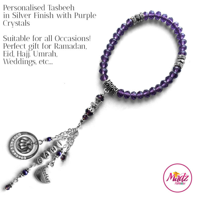 Madz Fashionz UK: 33 Beads Personalised Tasbeeh with Purple Crystals in Silver Finish