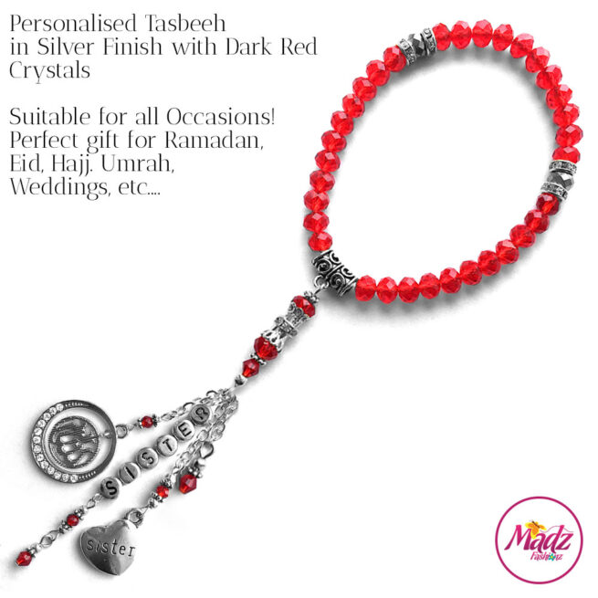 Madz Fashionz UK: 33 Beads Personalised Tasbeeh with Red Crystals in Silver Finish
